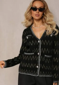 Czarny Kardigan na Guziki w Cyrkonie z Metaliczną Nitką Sianasa
