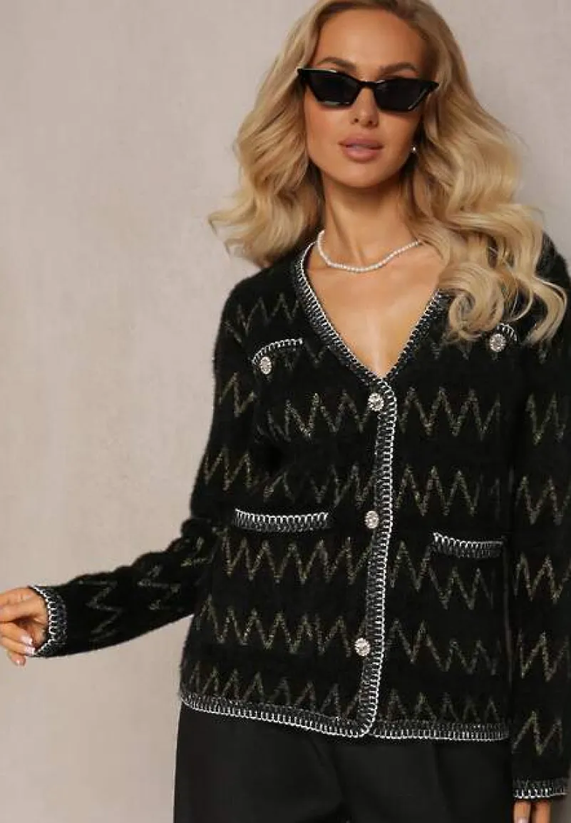 Czarny Kardigan na Guziki w Cyrkonie z Metaliczną Nitką Sianasa