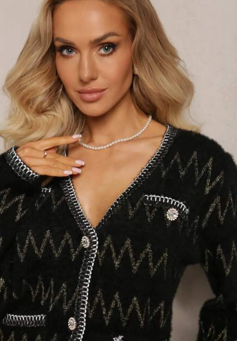 Czarny Kardigan na Guziki w Cyrkonie z Metaliczną Nitką Sianasa