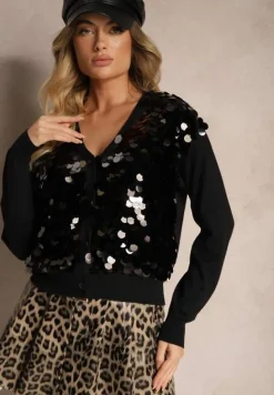 Czarny Kardigan na Guziki z Wiskozą i Cekinami Evelith