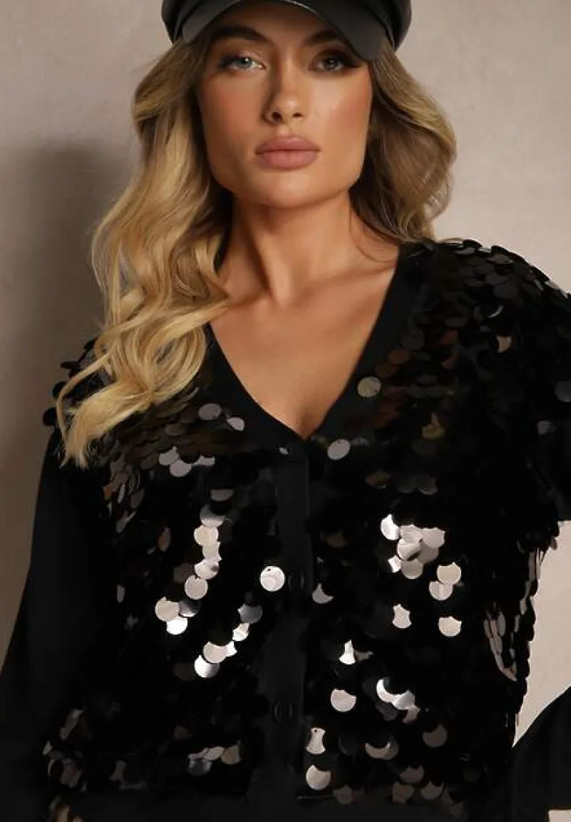 Czarny Kardigan na Guziki z Wiskozą i Cekinami Evelith