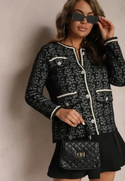 Czarny Kardigan na Guziki z Metaliczną Nitką Raphaella