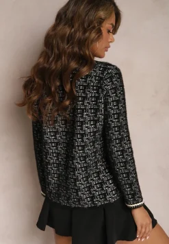 Czarny Kardigan na Guziki z Metaliczną Nitką Raphaella