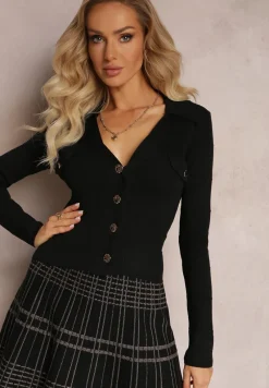 Czarny Kardigan na Guziki z Trójkątnym Dekoltem Emlina