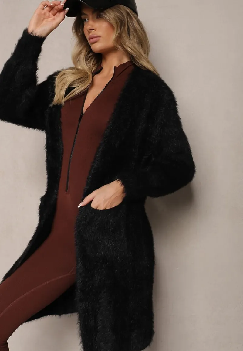 Czarny Kardigan Niezapinany z Wełną i Wsuwanymi Kieszeniami Rianessa