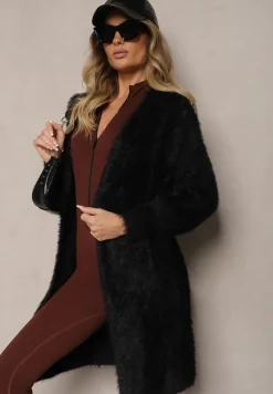 Czarny Kardigan Niezapinany z Wełną i Wsuwanymi Kieszeniami Rianessa