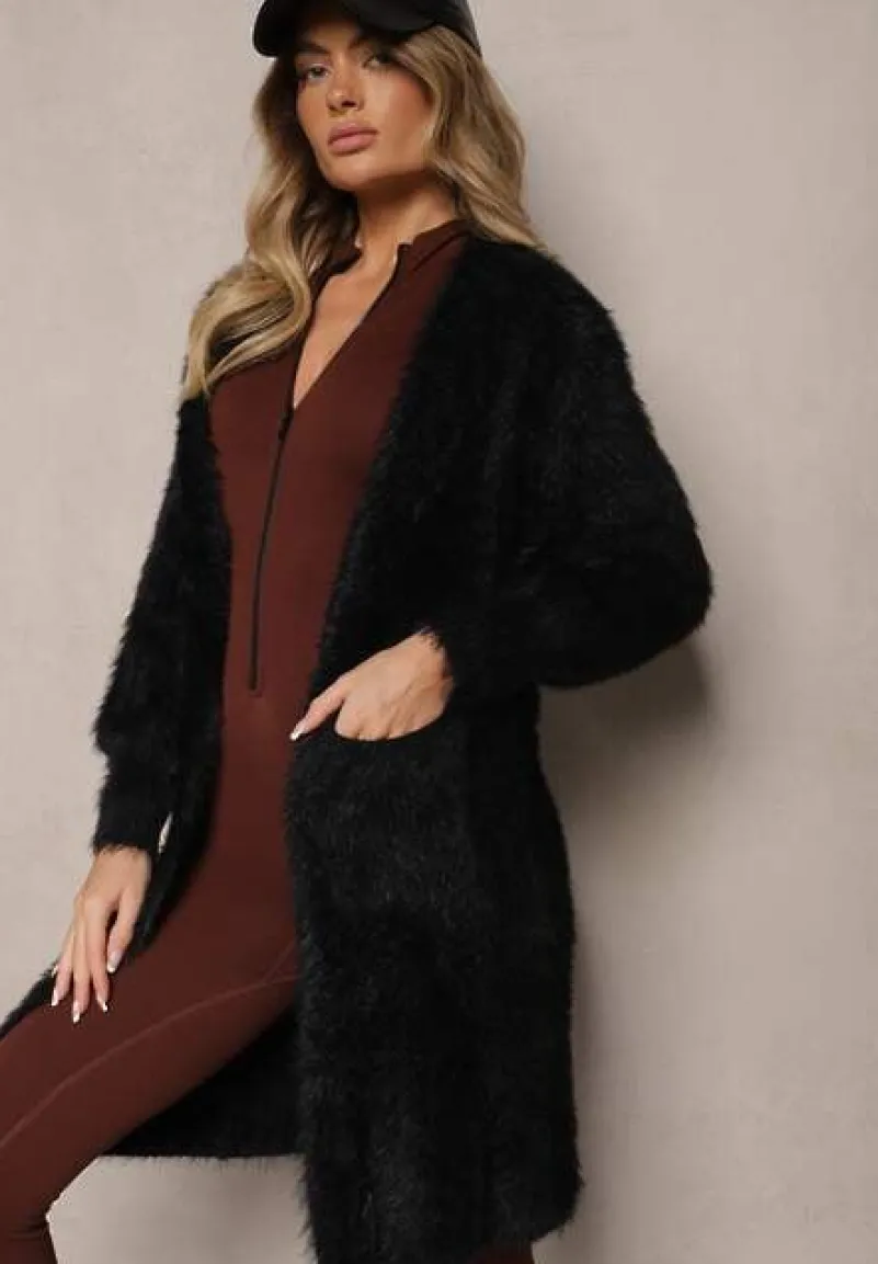 Czarny Kardigan Niezapinany z Wełną i Wsuwanymi Kieszeniami Rianessa