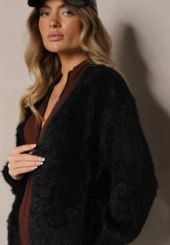 Czarny Kardigan Niezapinany z Wełną i Wsuwanymi Kieszeniami Rianessa