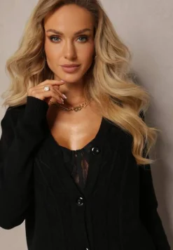 Czarny Kardigan o Dopasowanym Fasonie z Guzikami Olisame