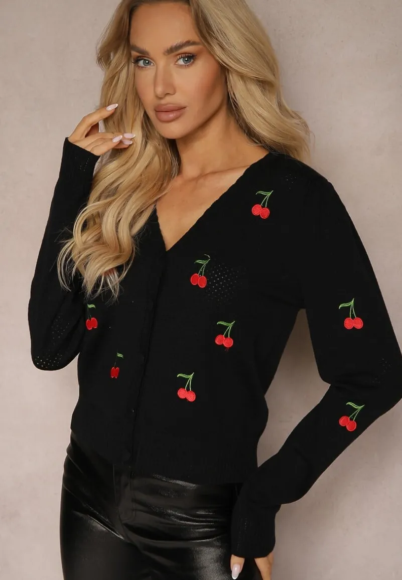 Czarny Kardigan Ozdobiony Haftem w Kształcie Wisienek Nirinia