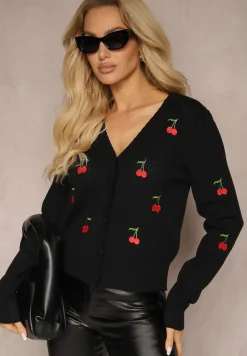 Czarny Kardigan Ozdobiony Haftem w Kształcie Wisienek Nirinia