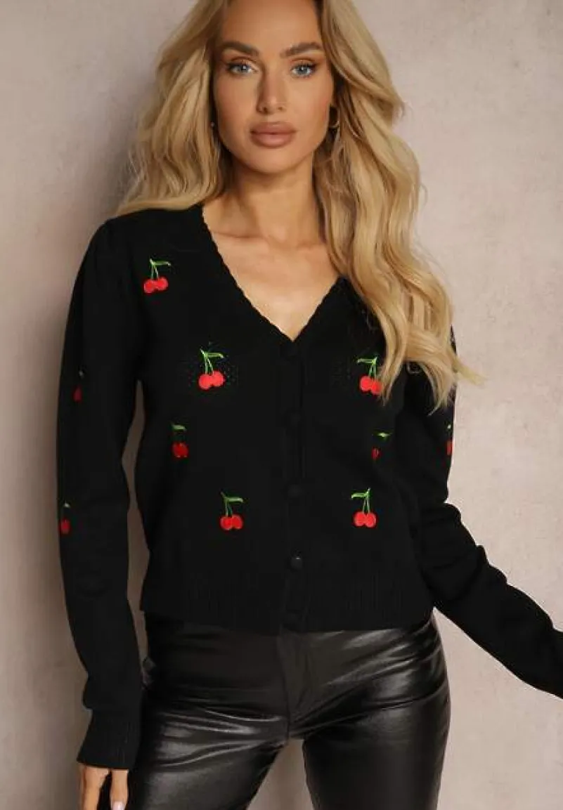 Czarny Kardigan Ozdobiony Haftem w Kształcie Wisienek Nirinia