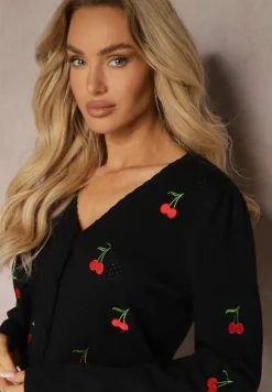 Czarny Kardigan Ozdobiony Haftem w Kształcie Wisienek Nirinia