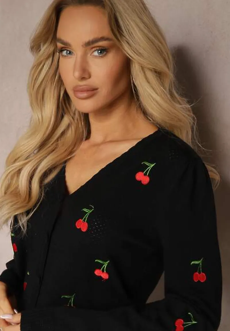 Czarny Kardigan Ozdobiony Haftem w Kształcie Wisienek Nirinia