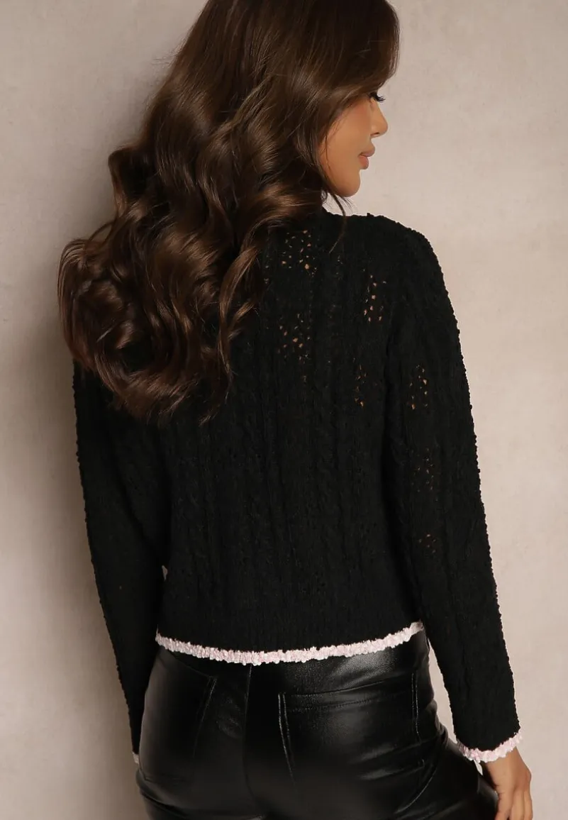 Czarny Kardigan Rozpinany z Wiskozą i Imitacją Kieszeni Lialisa