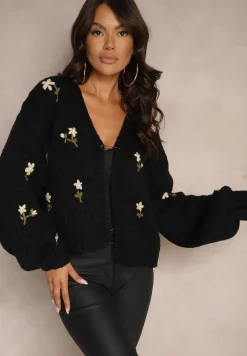 Czarny Kardigan w Kwiatowe Aplikacje z Zapięciem na Elegancką Agrafkę Patista