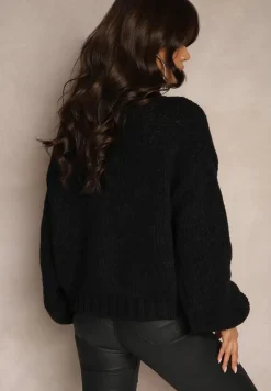 Czarny Kardigan w Kwiatowe Aplikacje z Zapięciem na Elegancką Agrafkę Patista