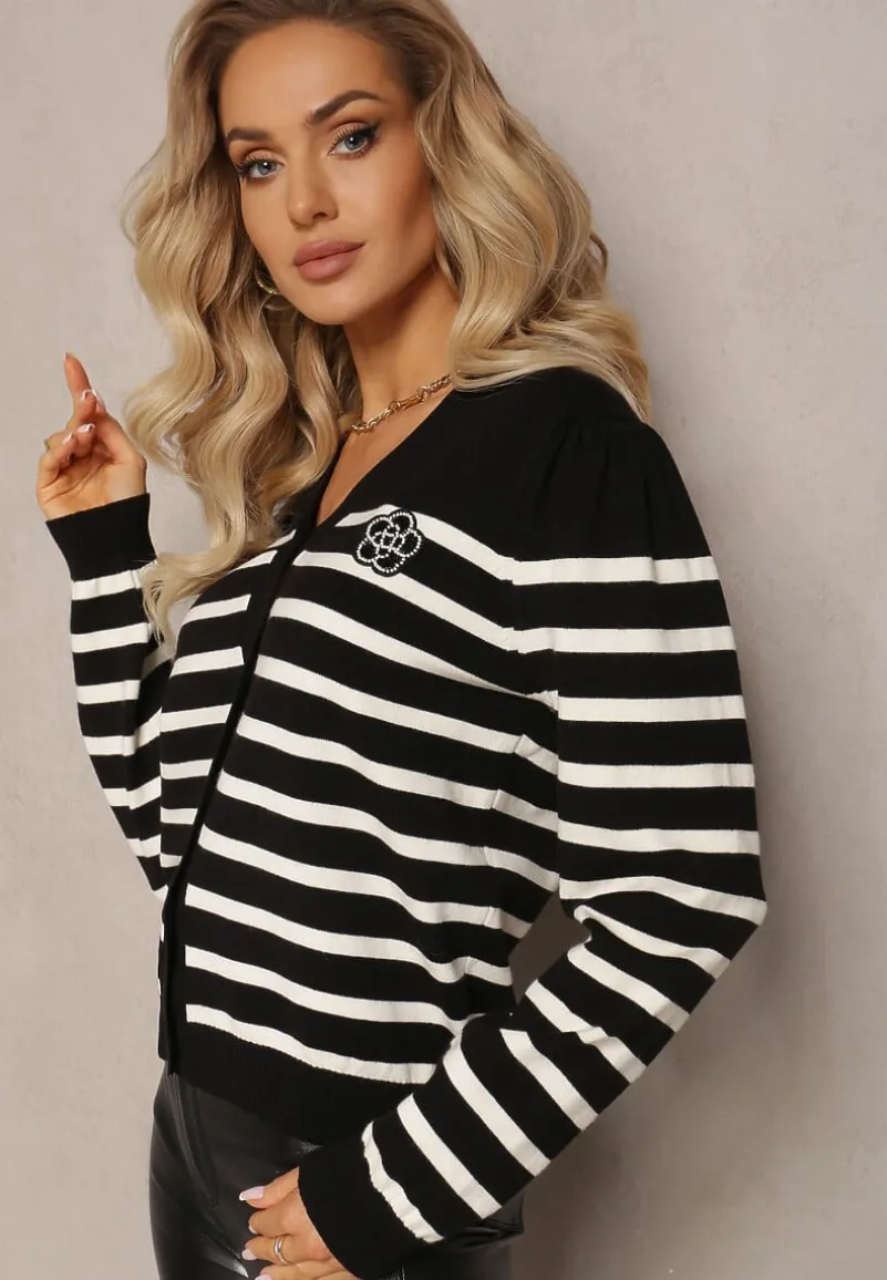 Czarny Kardigan w Paski na Guziki Eliasa