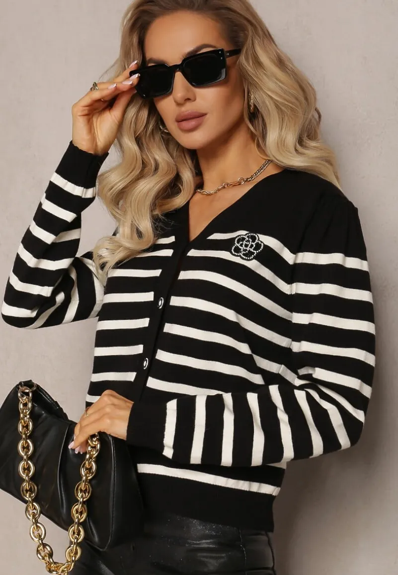 Czarny Kardigan w Paski na Guziki Eliasa