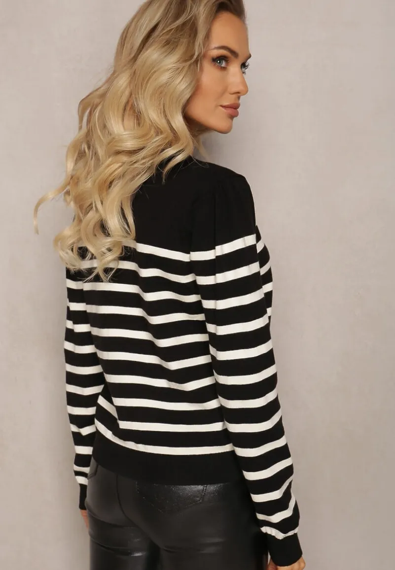 Czarny Kardigan w Paski na Guziki Eliasa