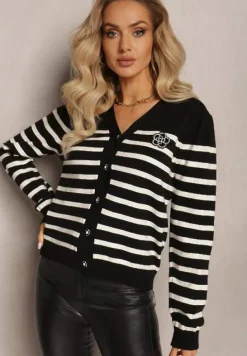 Czarny Kardigan w Paski na Guziki Eliasa