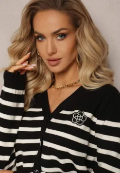 Czarny Kardigan w Paski na Guziki Eliasa