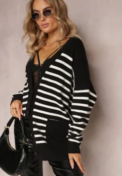 Czarny Kardigan w Paski o Wydłużonym Fasonie z Dekoltem V Zapinany na Guziki Ravime