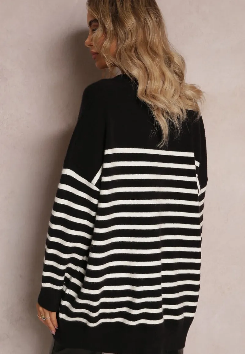 Czarny Kardigan w Paski o Wydłużonym Fasonie z Dekoltem V Zapinany na Guziki Ravime