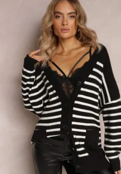 Czarny Kardigan w Paski o Wydłużonym Fasonie z Dekoltem V Zapinany na Guziki Ravime