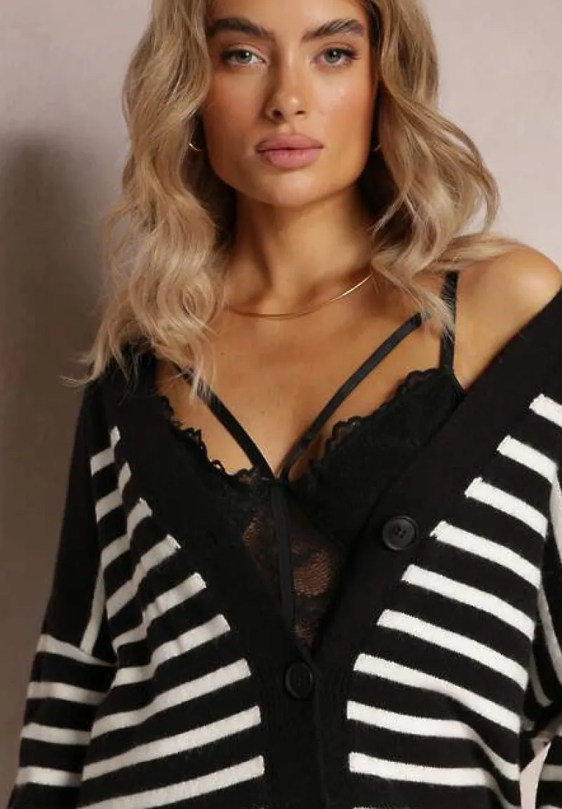 Czarny Kardigan w Paski o Wydłużonym Fasonie z Dekoltem V Zapinany na Guziki Ravime