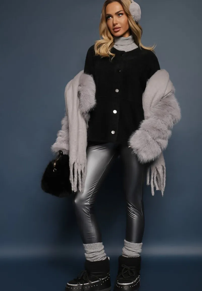 Czarny Kardigan Wełniany Zapinany Ierules