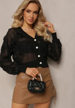 Czarny Kardigan z Ażurowym Zdobieniem w Kwiaty Barimona