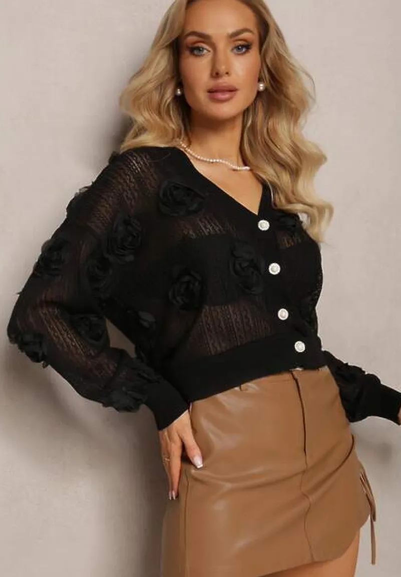 Czarny Kardigan z Ażurowym Zdobieniem w Kwiaty Barimona