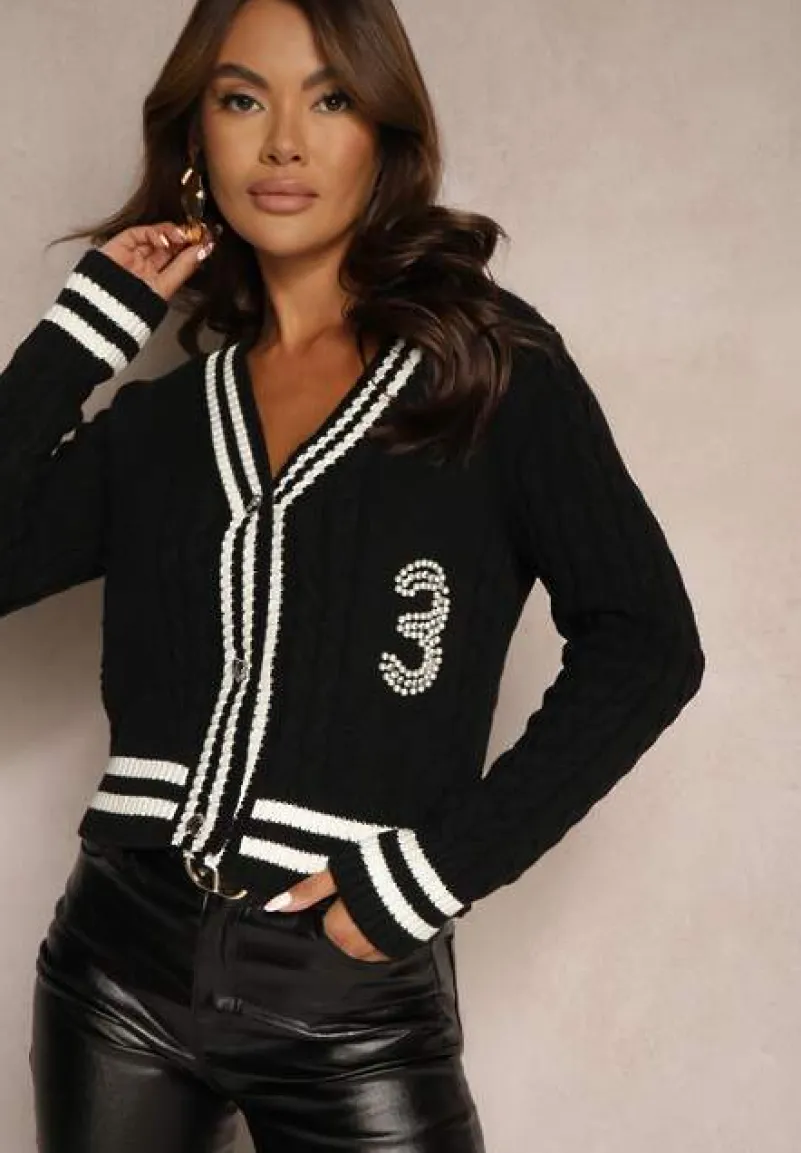 Czarny Kardigan z Bawełną Cyrkoniami Paskami i Perełkami Liathea