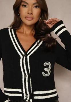 Czarny Kardigan z Bawełną Cyrkoniami Paskami i Perełkami Liathea