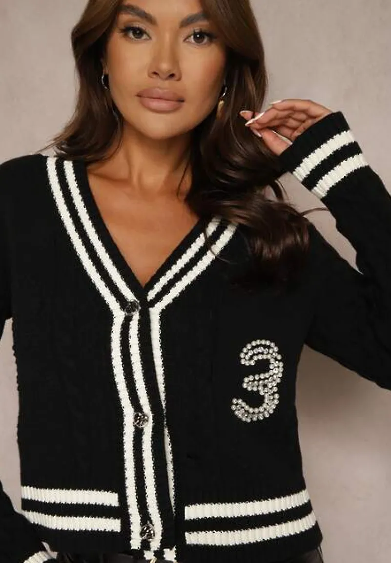 Czarny Kardigan z Bawełną Cyrkoniami Paskami i Perełkami Liathea
