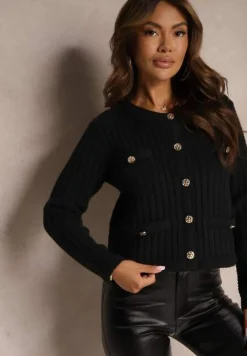 Czarny Kardigan z Dodatkiem Wełny z Ozdobnym Splotem Guzikami i Imitacją Kieszeni Merica