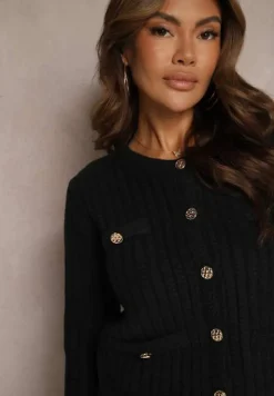Czarny Kardigan z Dodatkiem Wełny z Ozdobnym Splotem Guzikami i Imitacją Kieszeni Merica