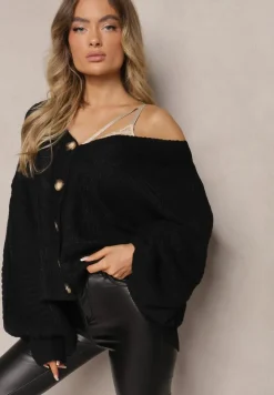 Czarny Kardigan z Dodatkiem Wiskozy Wykończony Guzikami Tłoczeniem i Ściągaczem Fizora
