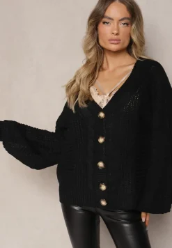 Czarny Kardigan z Dodatkiem Wiskozy Wykończony Guzikami Tłoczeniem i Ściągaczem Fizora