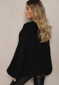 Czarny Kardigan z Dodatkiem Wiskozy Wykończony Guzikami Tłoczeniem i Ściągaczem Fizora