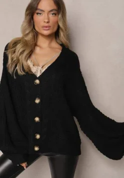 Czarny Kardigan z Dodatkiem Wiskozy Wykończony Guzikami Tłoczeniem i Ściągaczem Fizora