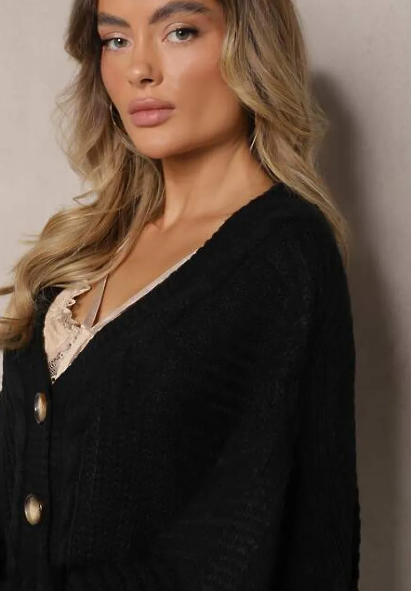 Czarny Kardigan z Dodatkiem Wiskozy Wykończony Guzikami Tłoczeniem i Ściągaczem Fizora