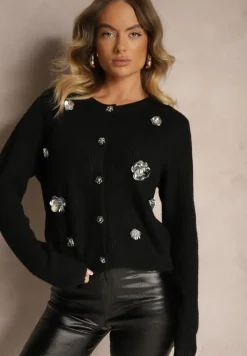Czarny Kardigan z Dodatkiem Wełny na Guziki z Kwiatami 3D Zemisya
