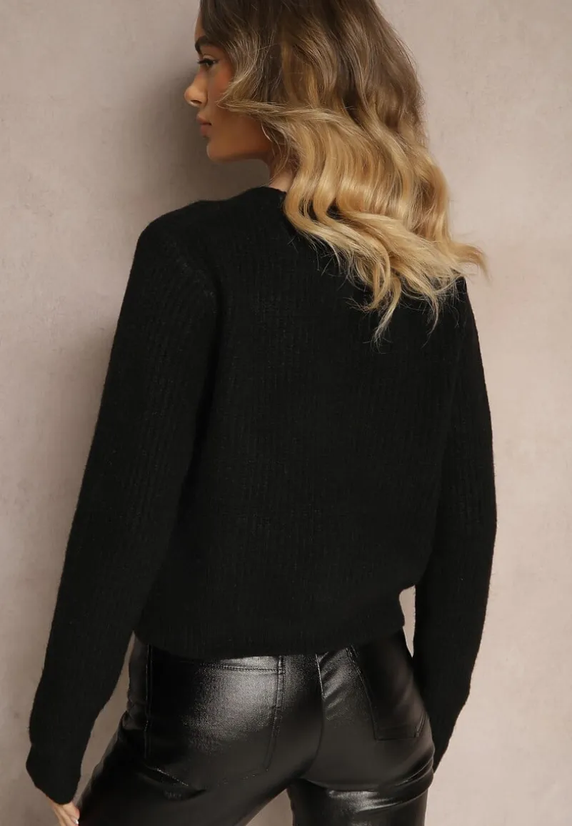 Czarny Kardigan z Dodatkiem Wełny na Guziki z Kwiatami 3D Zemisya