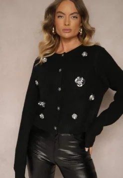 Czarny Kardigan z Dodatkiem Wełny na Guziki z Kwiatami 3D Zemisya