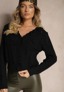 Czarny Kardigan z Domieszką Wełny z Aplikacjami w Kształcie Kwiatów Vaimina