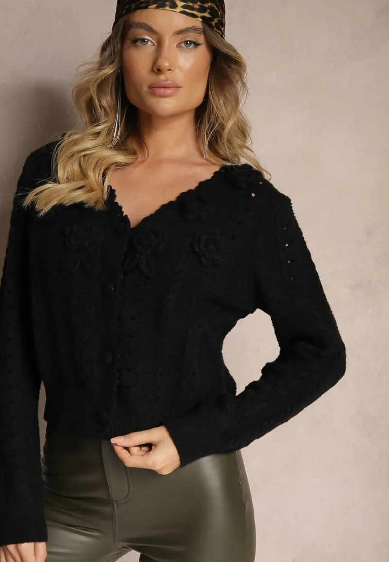 Czarny Kardigan z Domieszką Wełny z Aplikacjami w Kształcie Kwiatów Vaimina