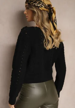 Czarny Kardigan z Domieszką Wełny z Aplikacjami w Kształcie Kwiatów Vaimina