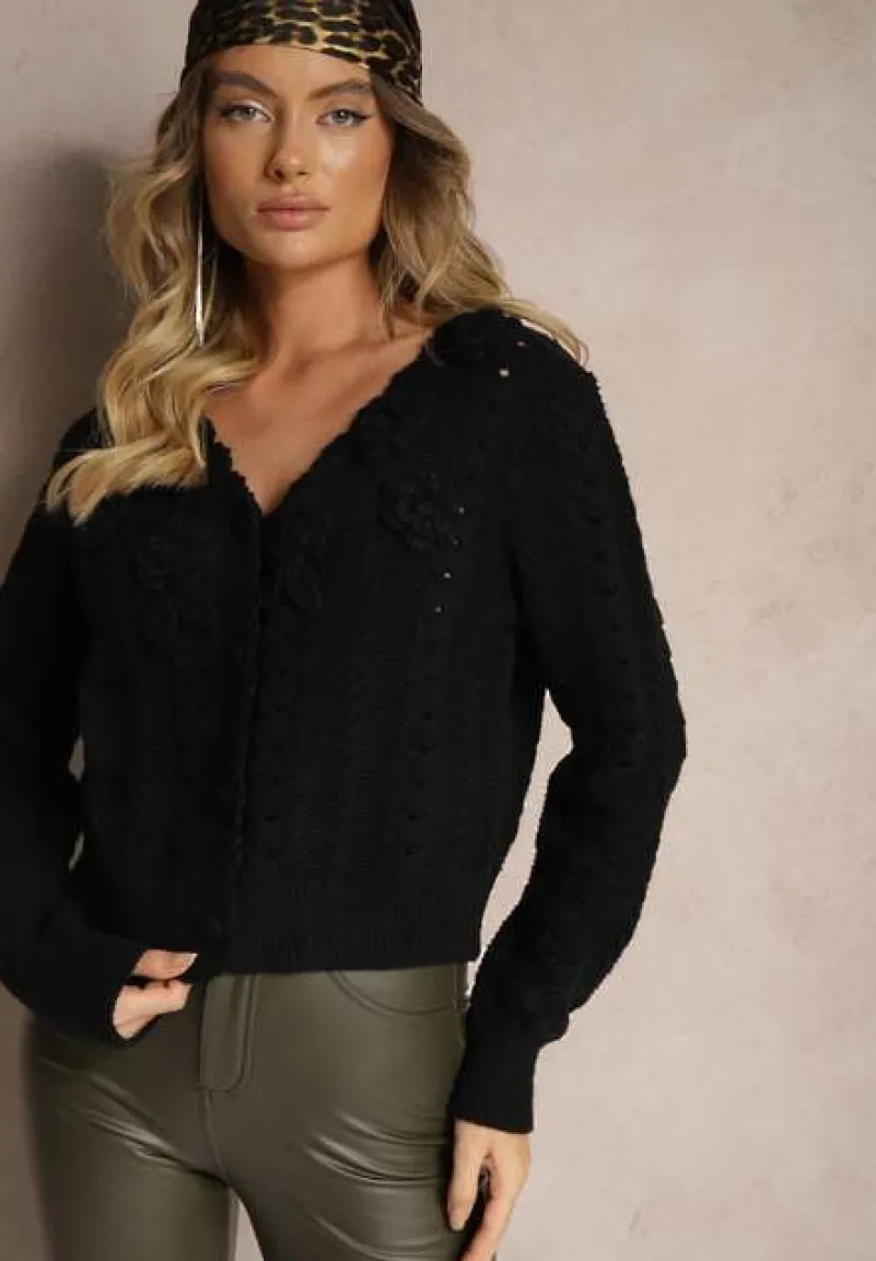 Czarny Kardigan z Domieszką Wełny z Aplikacjami w Kształcie Kwiatów Vaimina